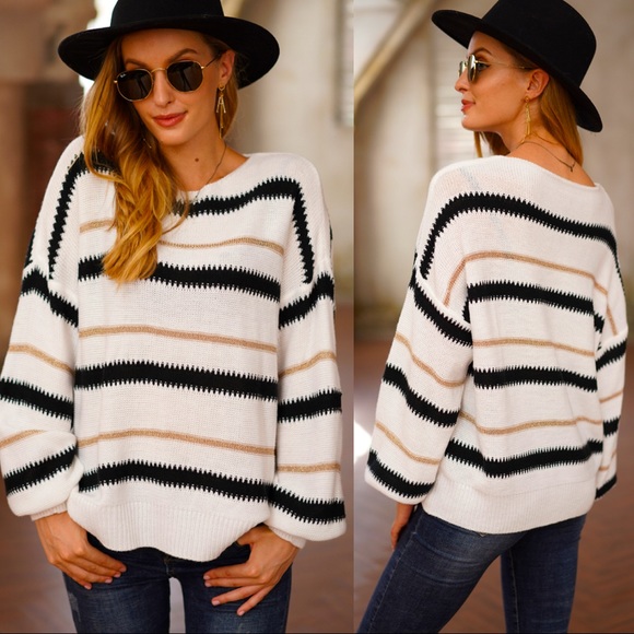 Stunning Mystery Sweaters - 🍁🆕White Striped Loose Fit Sweater
